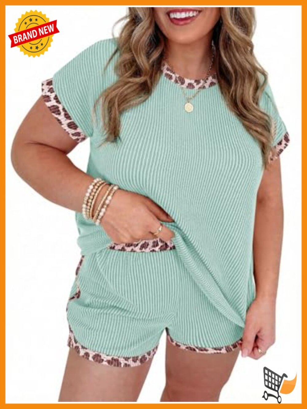 Plus Size Ribbed Knit Short Sleeve Top & Shorts Set Leopard Print Lounge Set